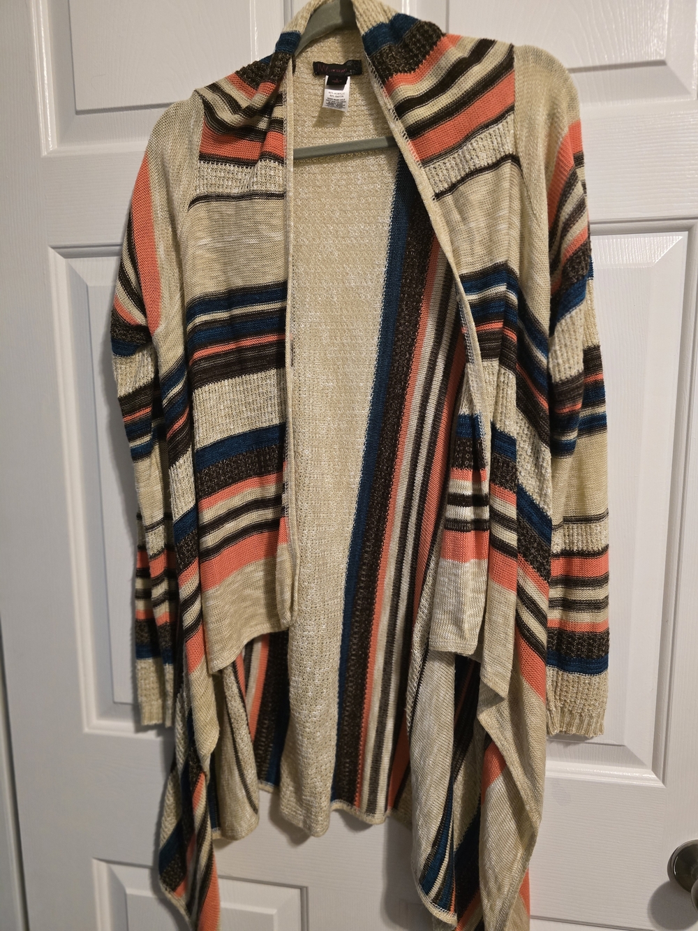 Striped Open-Front Women’s Cardigan Sweater in Beige, Coral & Blue